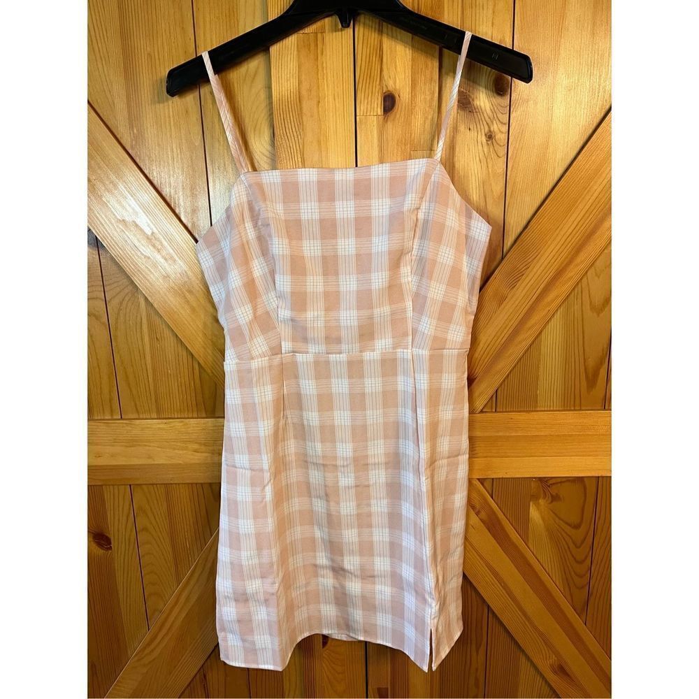 BPβNordstrom Dress Size Medium Mini Pink Plaid Spaghetti Strap Slit NWOTβ(2930)